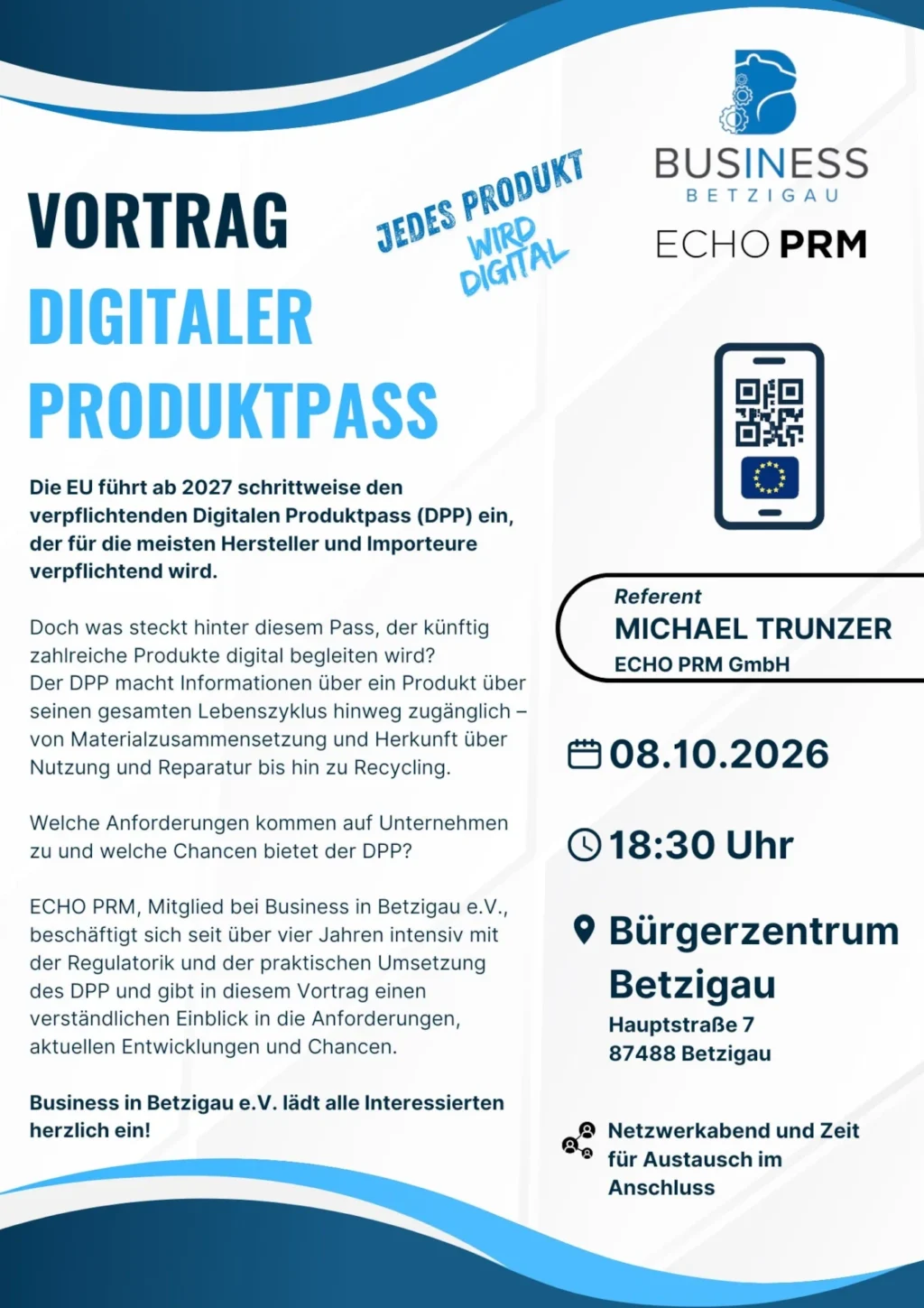 Einladung zum Vortrag Digitaler Produktpass als Flyer